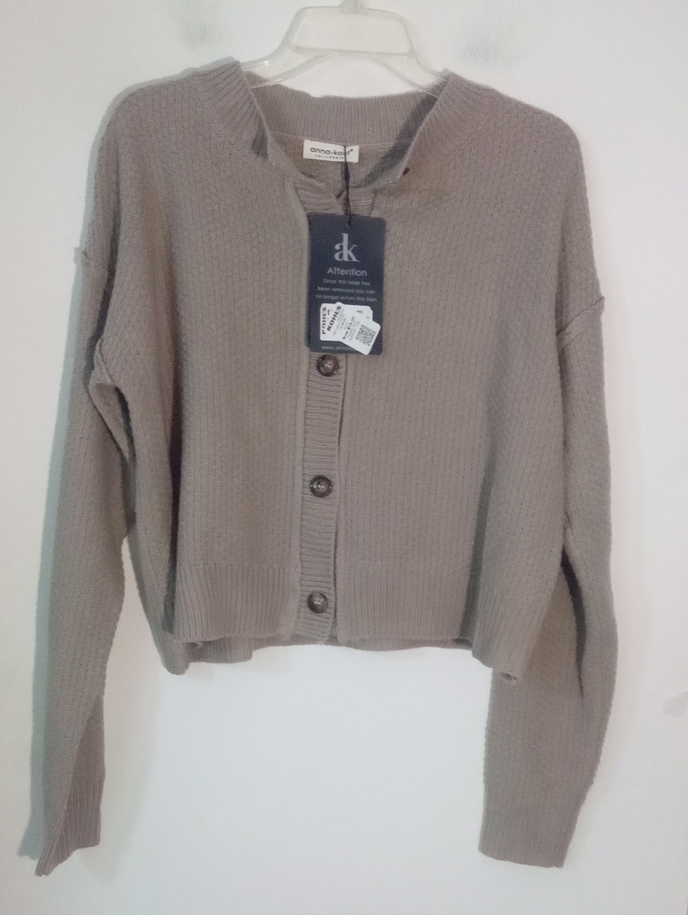 Anna Kaci California Neutral Taupe Cropped Button-Front Cardigan Large NWT $49